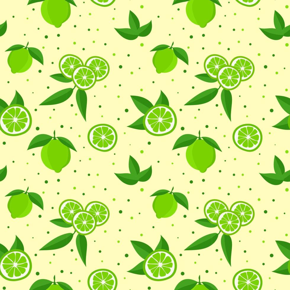 citron vert aux feuilles vertes, une tranche d'agrumes sur fond jaune. motif tropical sans soudure vecteur