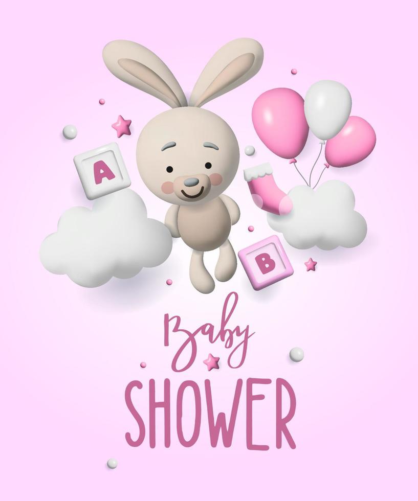 espace 3d de douche de bébé. affiche de bannière sur la douche de bébé dans le style de rendu. lettrage bébé. illustration en style 3d. vecteur