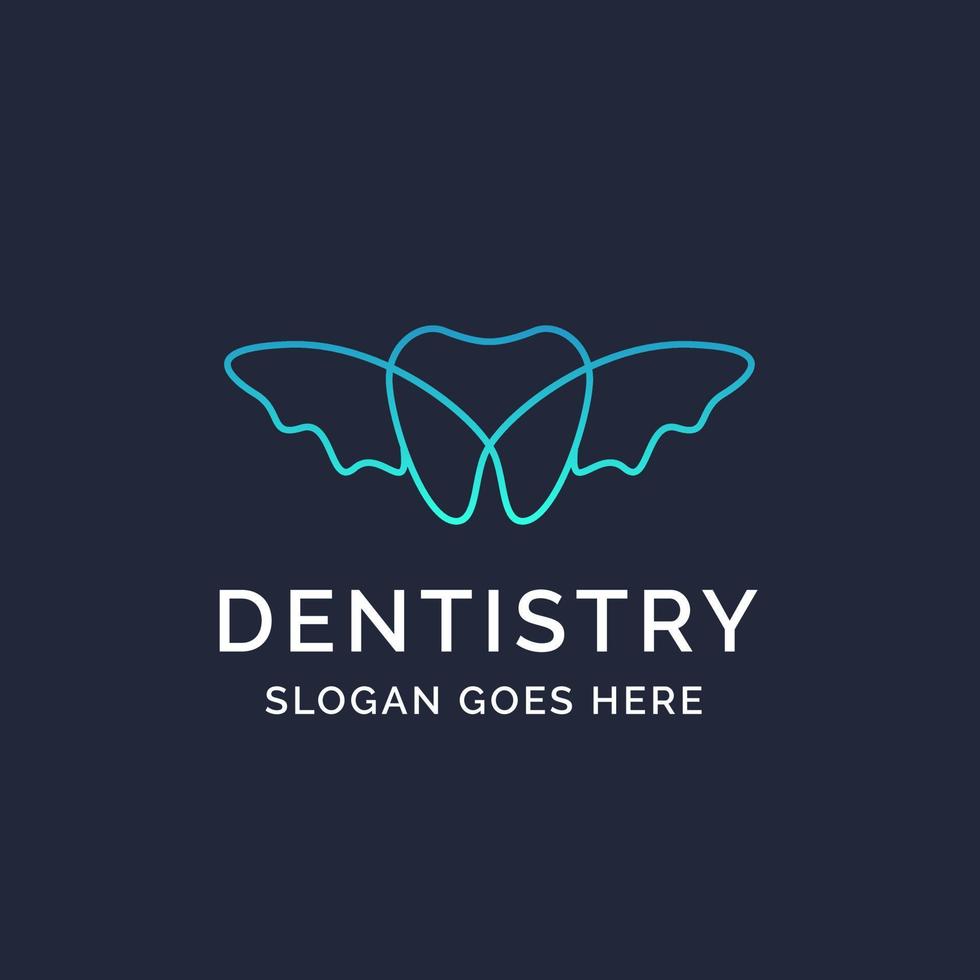 conception de logo de dentisterie de clinique dentaire avec des dents bleues avec illustration d'ailes de papillon vecteur