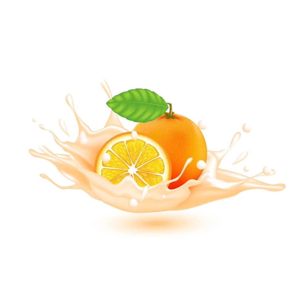 lait orange avec des éclaboussures réalistes, jus et yaourts riches en vitamines pour la santé. vecteur