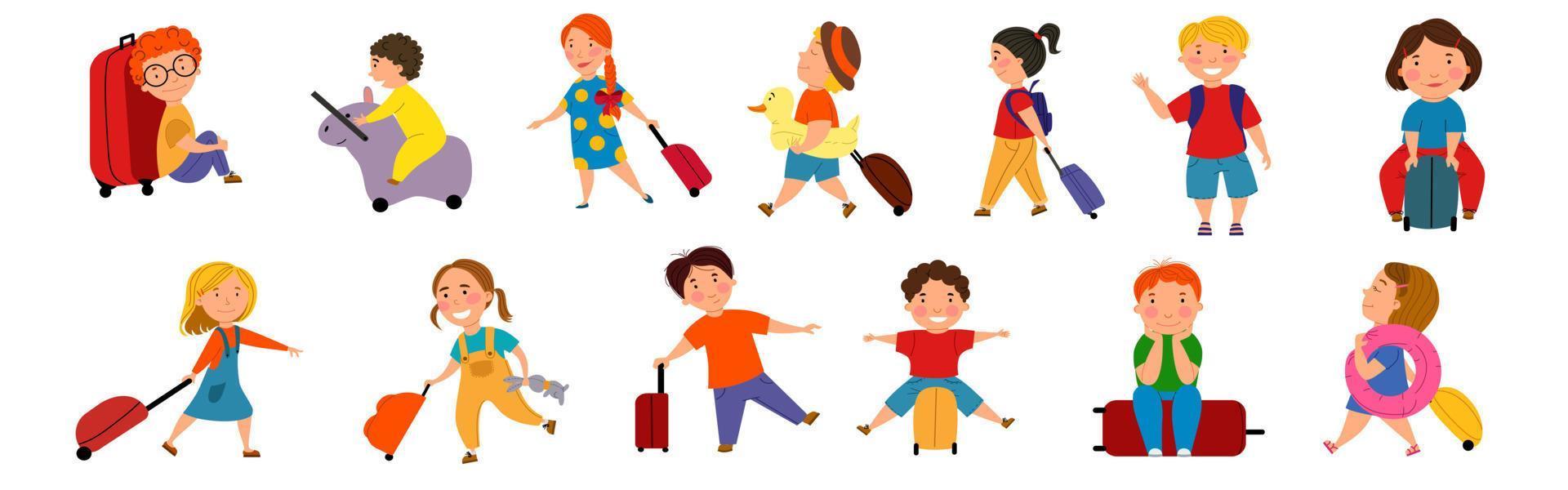 ensemble d'enfants avec des valises. mignons petits enfants en voyage. illustration vectorielle dans un style plat sur un fond blanc isolé. vecteur