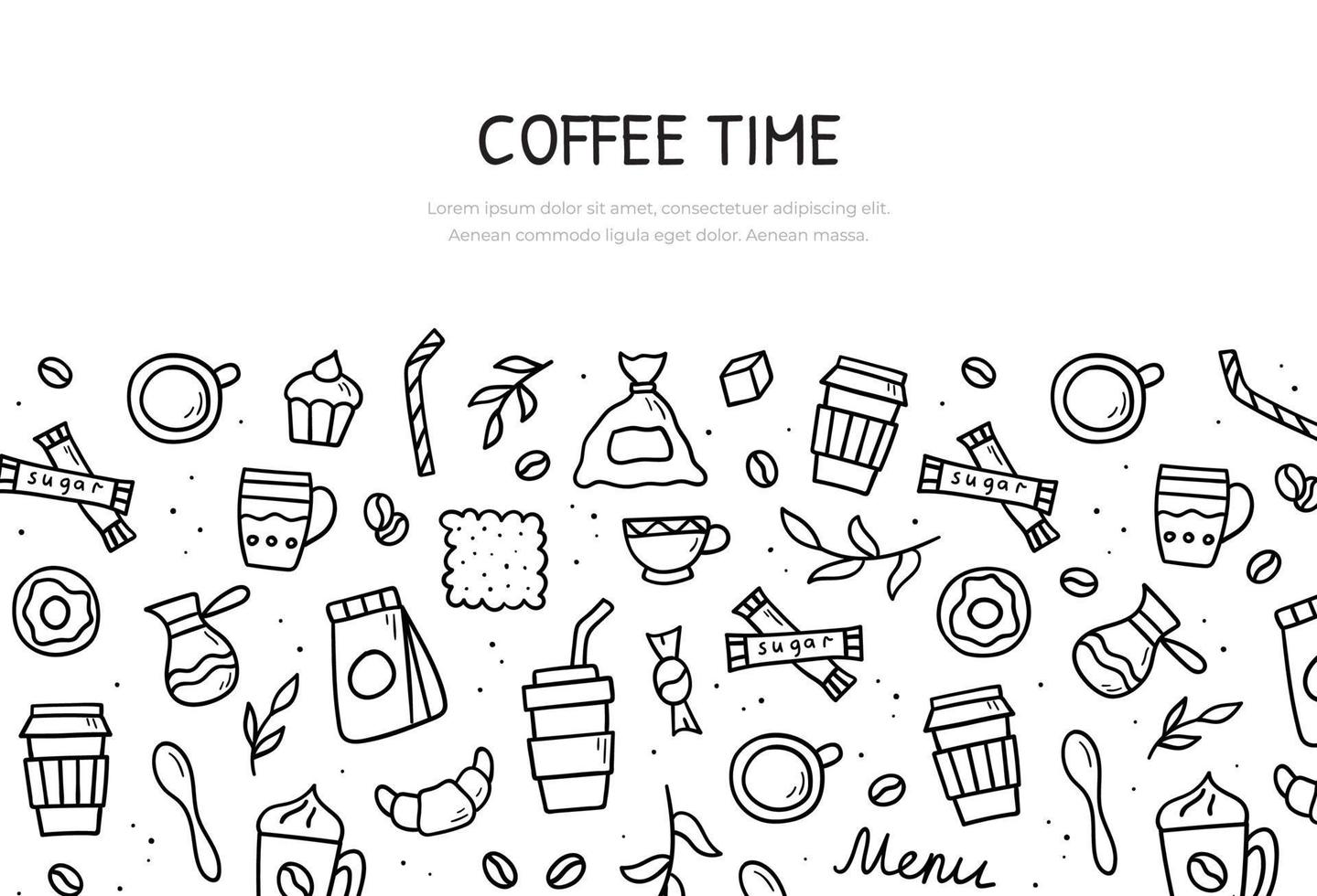 doodle ensemble de thème de café. modèle de bannière Web. illustration vectorielle dessinée à la main. vecteur