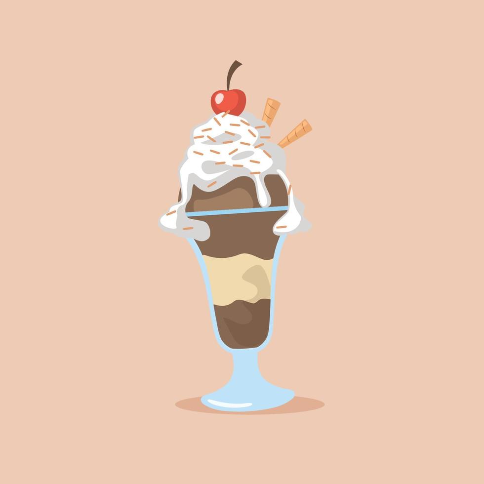 illustration de glace au chocolat et à la cerise dans une tasse isolée sur fond marron pastel vecteur