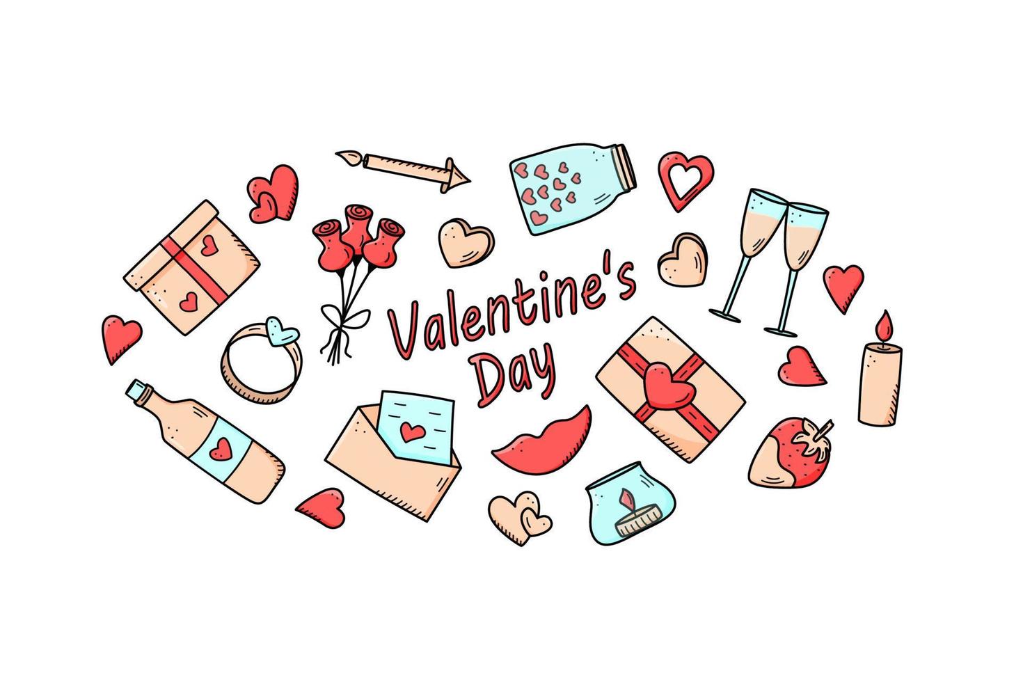 un ensemble d'icônes de doodle pour la saint-valentin ou le mariage. illustration vectorielle d'accessoires romantiques bougies coeurs anneau bouteille et verres de vin, lèvres cadeau chocolat fraise vecteur