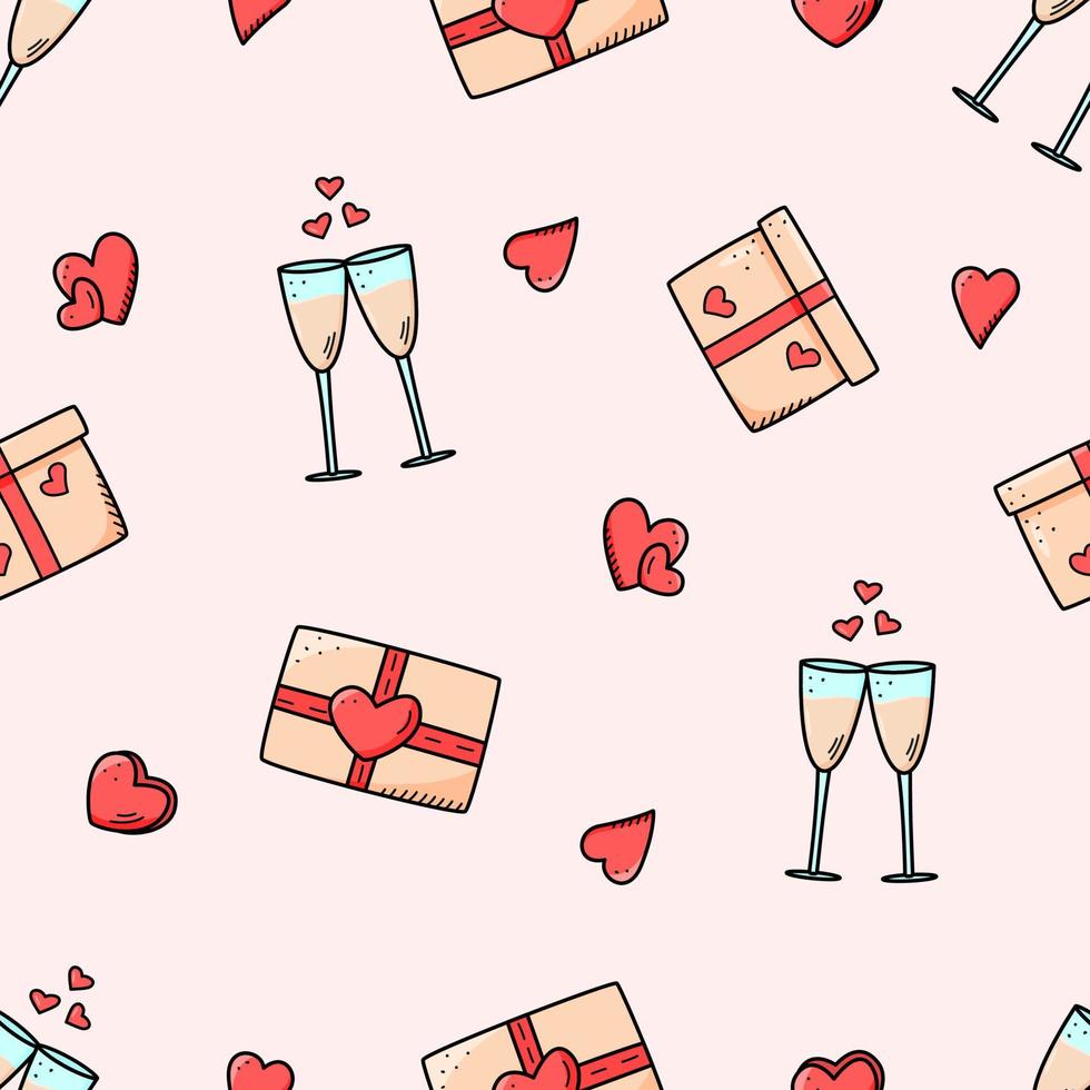 concept d'icônes de modèle sans couture de la saint-valentin. vecteur doodle accessoires romantiques verres à champagne, coffrets cadeaux et coeurs