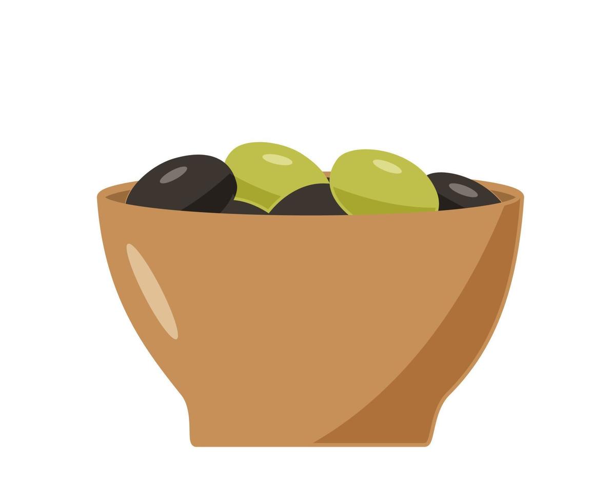 olives dans un bol, illustration vectorielle d'olives dans une assiette profonde. vecteur