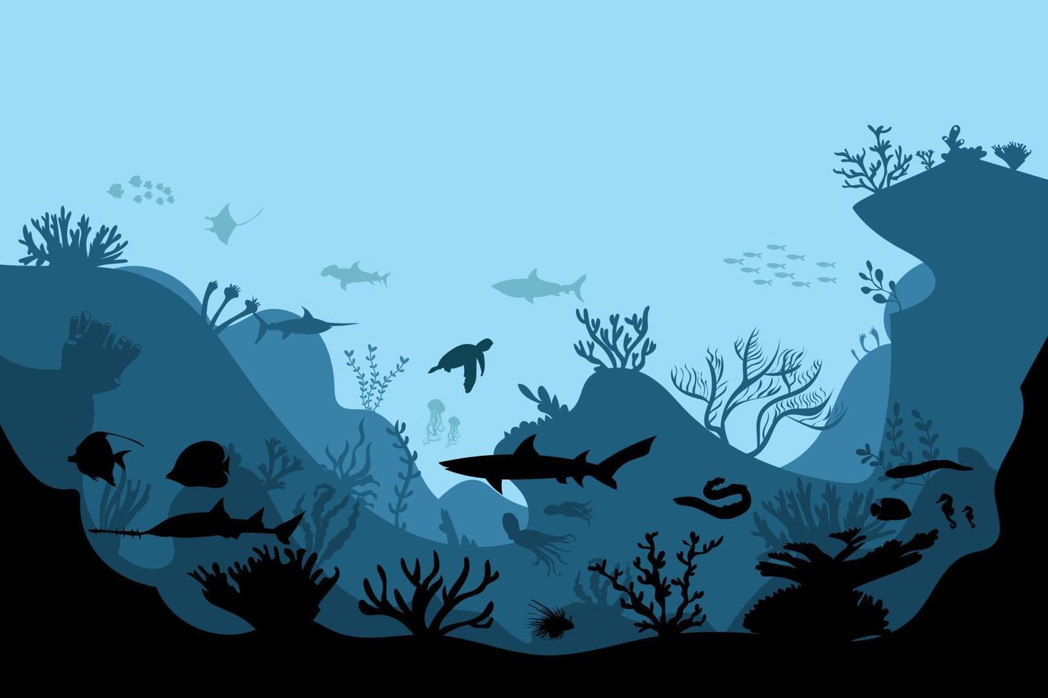 silhouette de récif corallien avec poissons et plongeurs sur fond bleu mer illustration vectorielle sous-marine vecteur