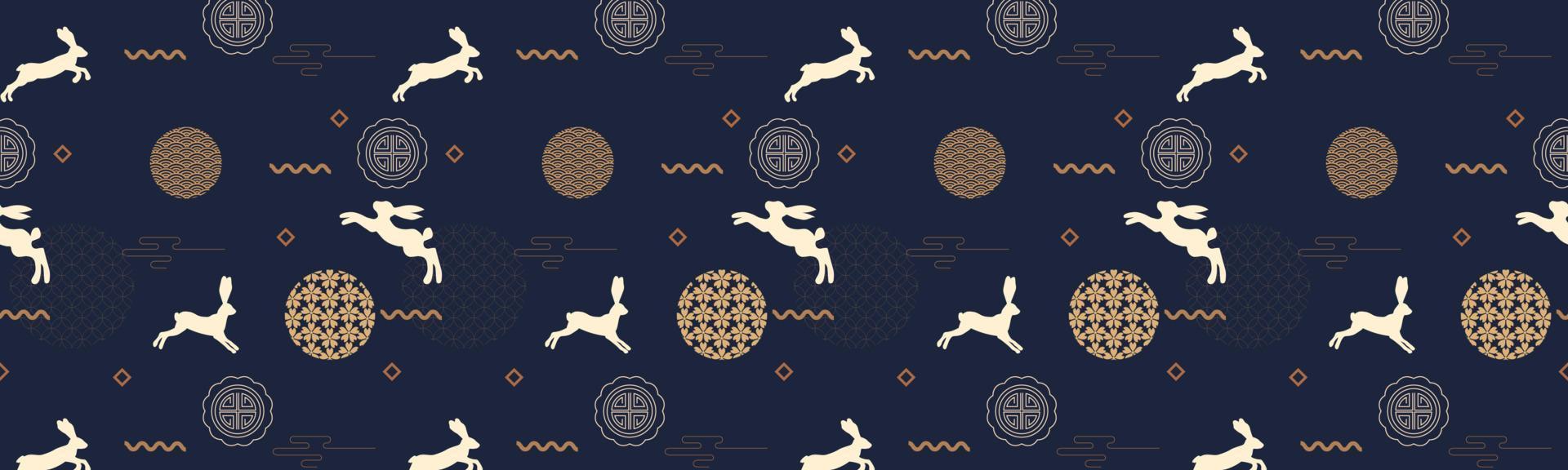 bannière carrée du festival de la mi-automne avec des motifs traditionnels, des lapins mignons et des éléments asiatiques sur fond bleu foncé. modèle sans couture. illustration vectorielle vecteur