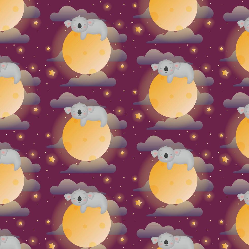 joli koala dans l'espace dormant sur la lune brillante, motif cosmique harmonieux de nuages et d'étoiles. modèle d'espace vectoriel pour les petits enfants et les enfants