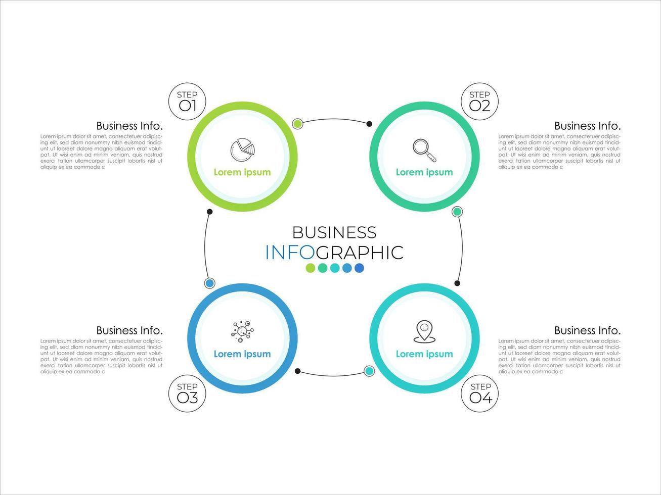 le modèle d'élément de cercle d'infographie moderne peut être utilisé pour la mise en page du flux de travail, le diagramme, les options de nombre, la conception Web. concept d'entreprise infographique avec 4 options, pièces, étapes ou processus. vecteur