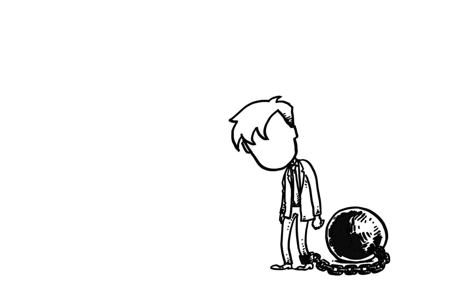 travailleur masculin triste enchaîné et lié avec une grosse boule de fer. concept de piégé avec une vie de bureau répétitive. conception d'illustration vectorielle de dessin animé vecteur