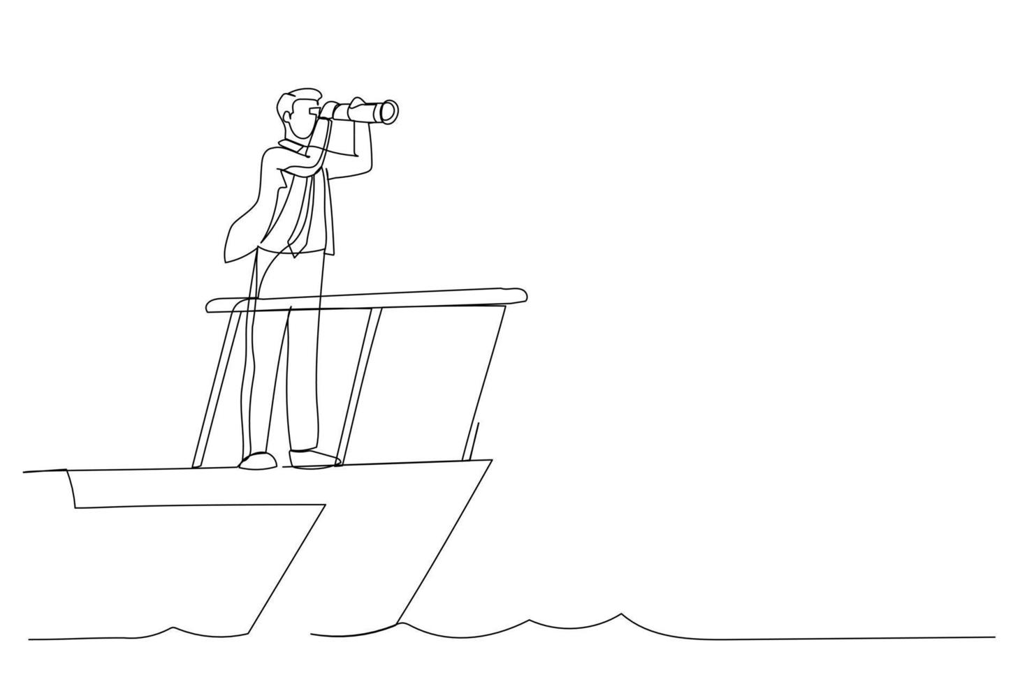 dessin animé d'homme d'affaires intelligent capitaine de bateau contrôle barre de volant avec vision de télescope. leadership d'entreprise et visionnaire pour diriger le succès de l'entreprise. style d'art en ligne continue vecteur