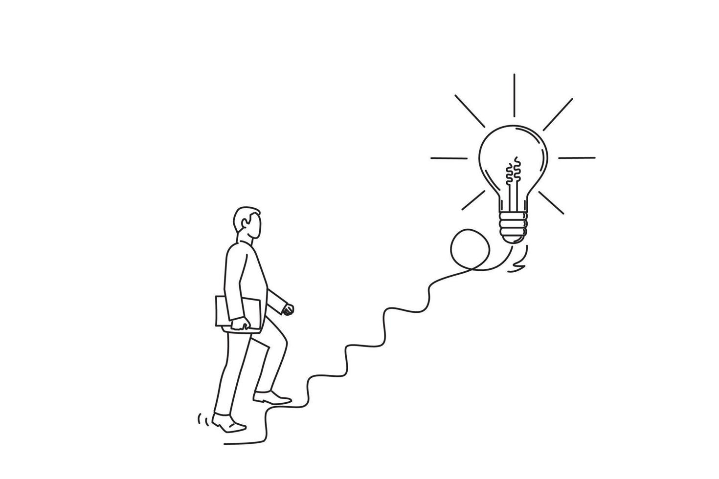 dessin d'un homme d'affaires qui commence à marcher sur une ligne électrique comme escalier vers une ampoule à grande idée vecteur
