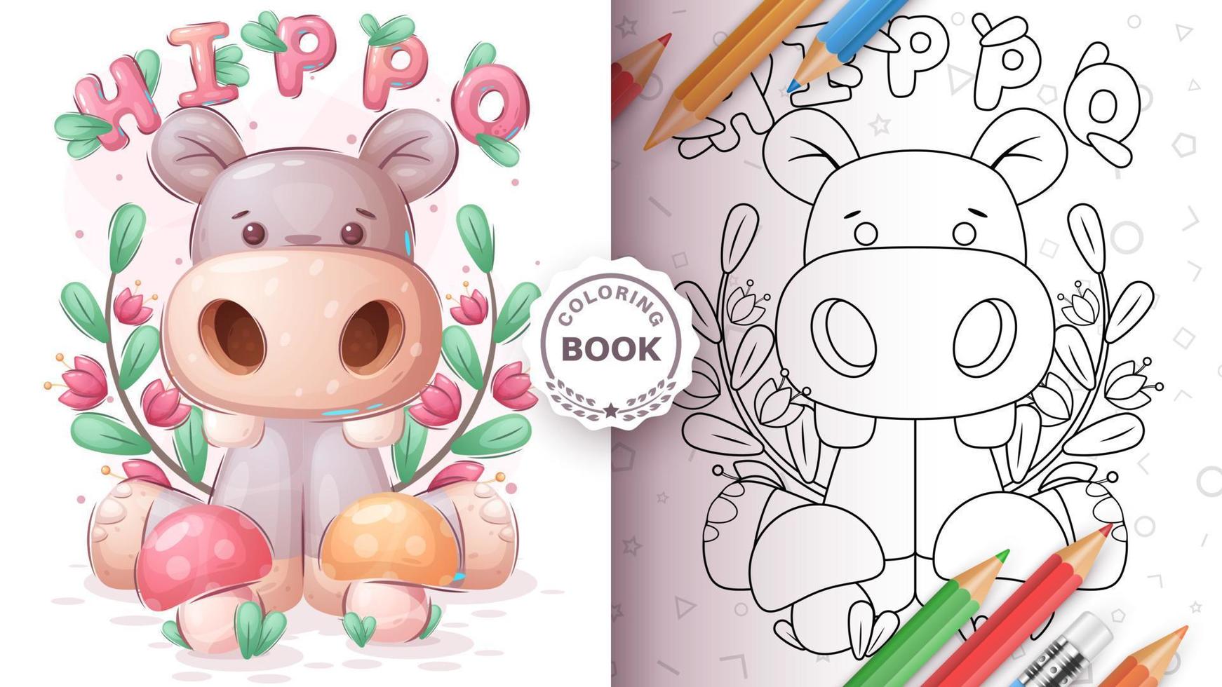 hippopotame avec livre de coloriage aux champignons vecteur