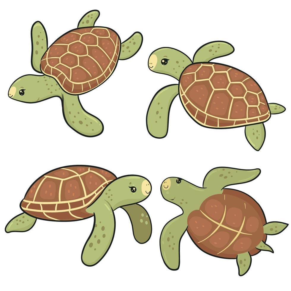 ensemble de tortues de mer mignonnes isolées sur fond blanc. graphiques vectoriels. vecteur