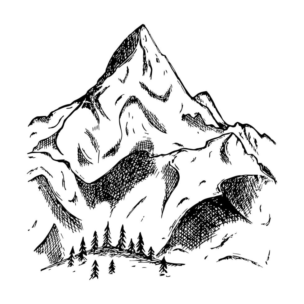 montagnes de style croquis dessinés à la main avec des pins. illustration en couleur noire sur fond blanc vecteur