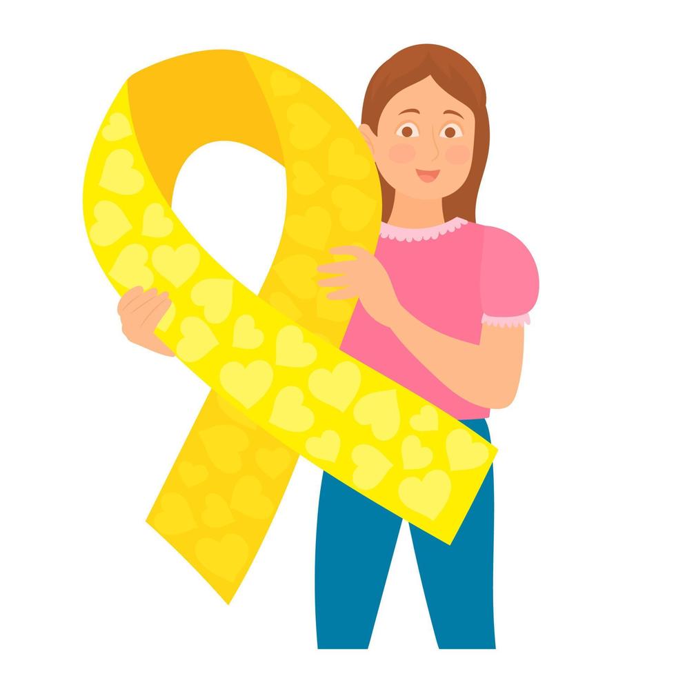 fille tenant un ruban jaune en faveur du cancer infantile vecteur