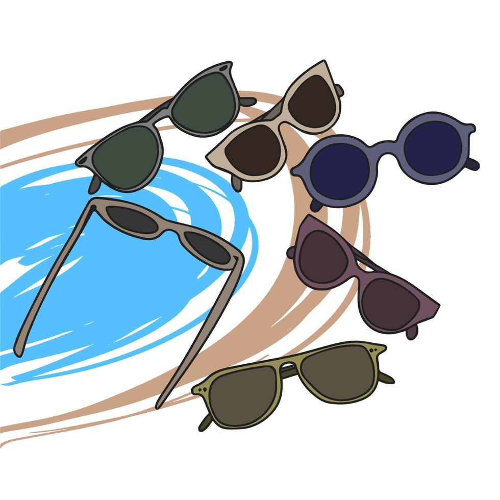 un ensemble de lunettes de soleil, verres de formes diverses, aux couleurs pastel, sur fond de mer vecteur