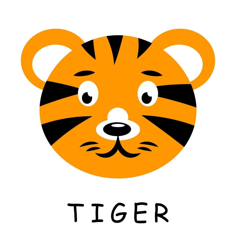 personnage de tigre de dessin animé mignon isolé sur fond blanc. visage d'animal vectoriel simple. affiche de pépinière de la faune pour les enfants.