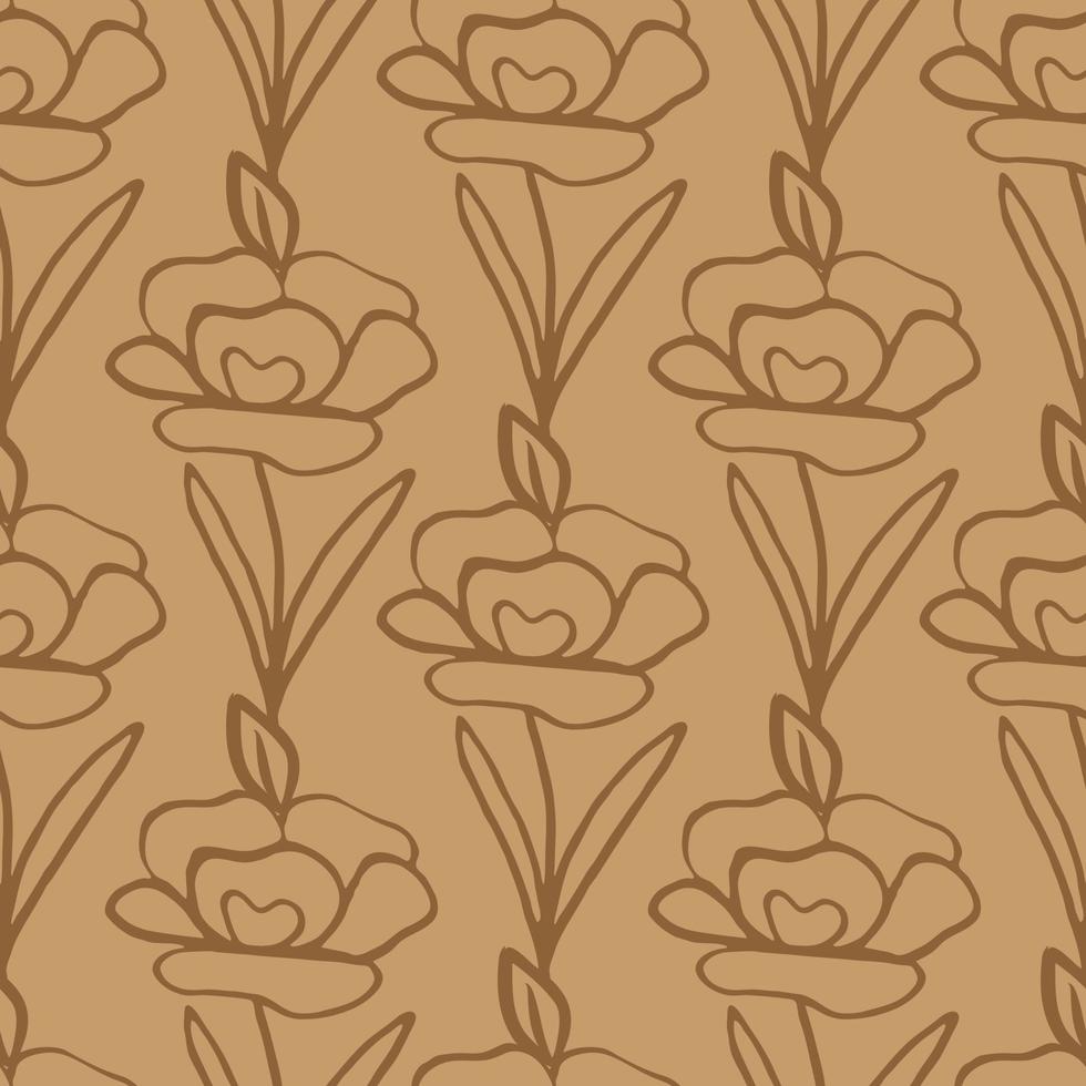 motif floral sans soudure. illustration vectorielle de contour simple. modèle d'impression de tissu graphique. Doodle line art fond marron avec des fleurs. album ou papier d'emballage. vecteur