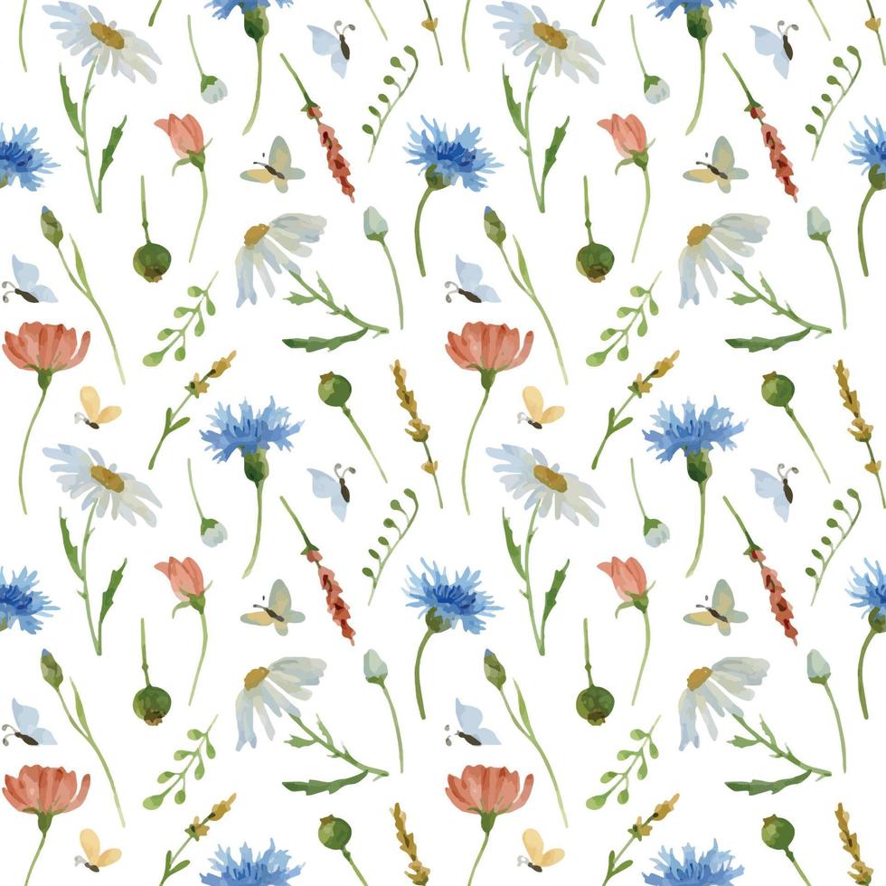 modèle sans couture aquarelle fleur. fond de vecteur floral dessiné à la main avec différentes plantes de prairie. ornement avec des camomilles blanches et des bleuets. conception pour papier d'emballage, tissu ou scrapbooking