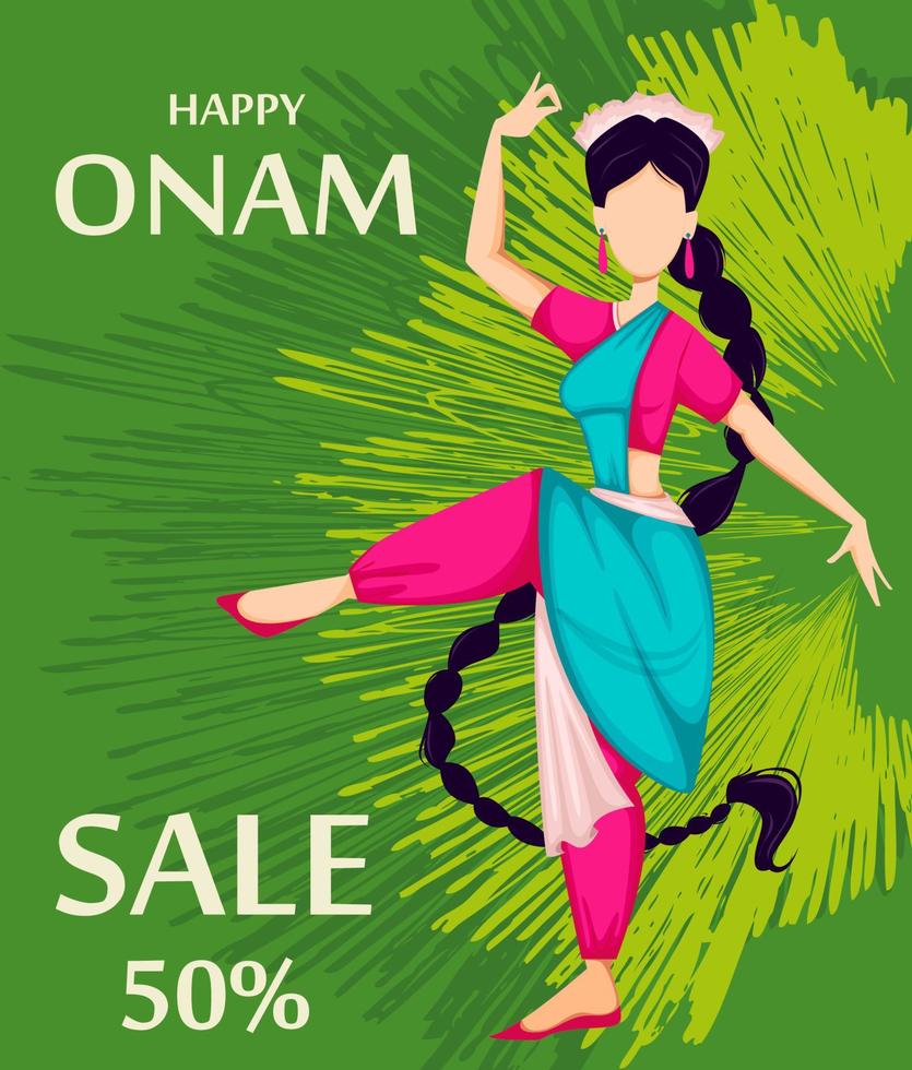 heureux onam. femme indienne danse vecteur