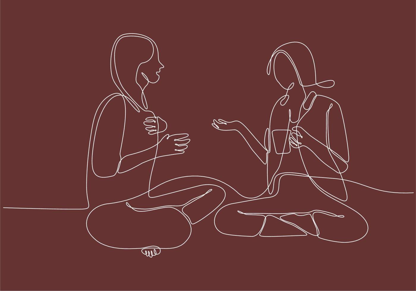 image en ligne continue de deux jeunes travailleuses bavardant avec désinvolture pendant une pause au bureau. avoir de petites conversations au travail une ligne concept dessin illustration vectorielle de conception graphique vecteur