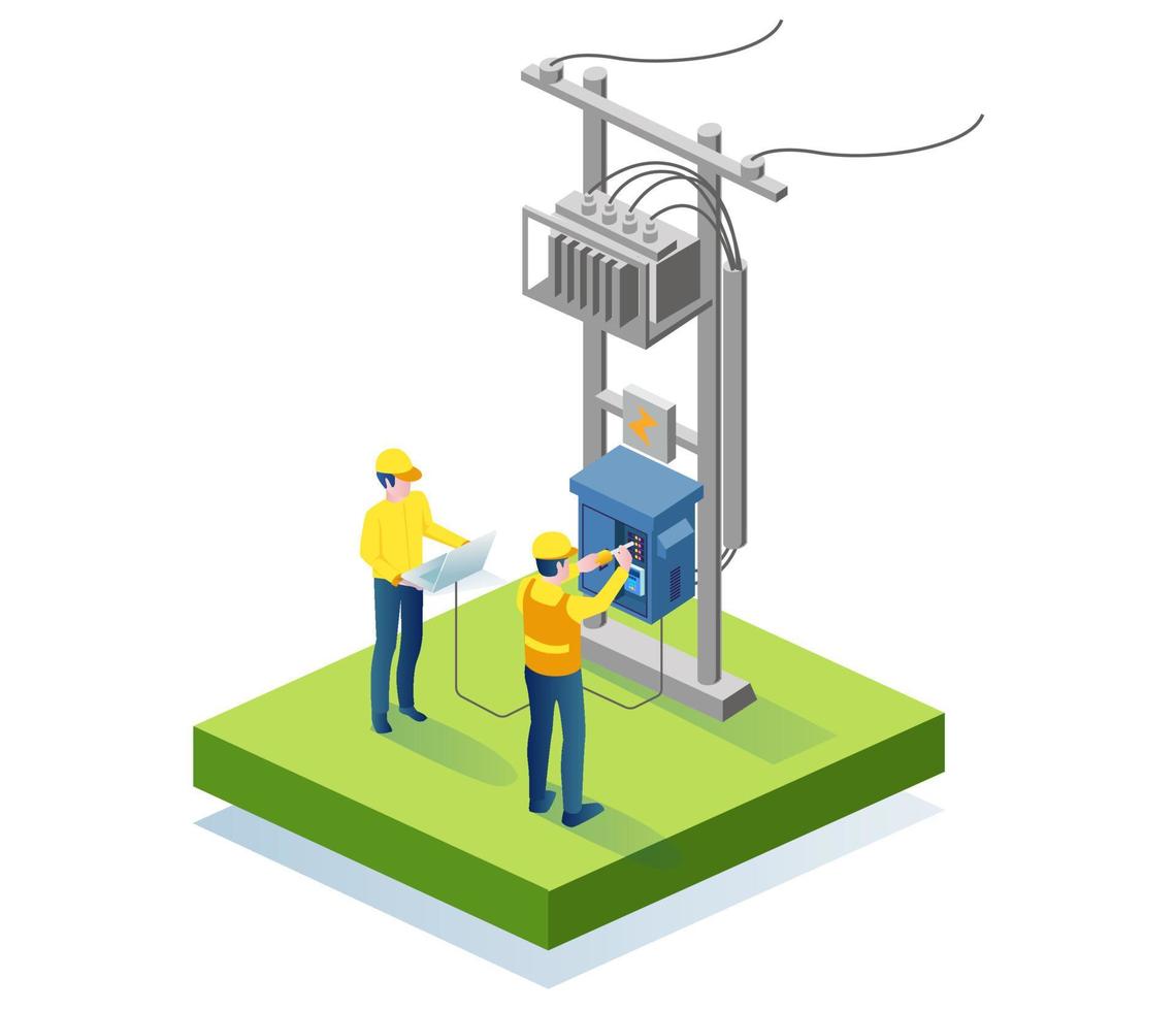 deux techniciens réparent des panneaux électriques vecteur