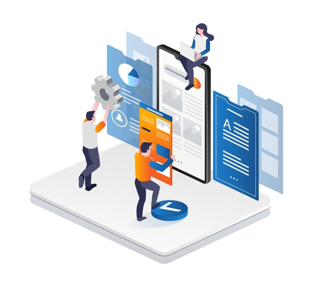 concept d'équipe d'illustration isométrique construit une application pour smartphone vecteur