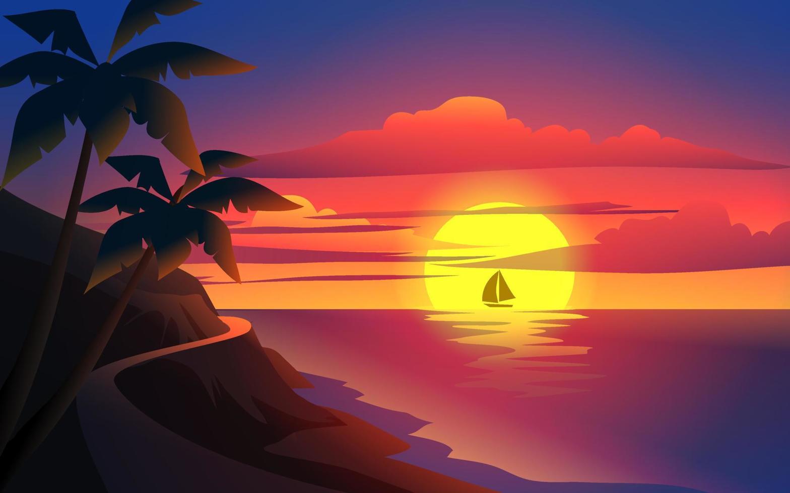 panorama coucher de soleil sur la plage avec route et palmiers vecteur