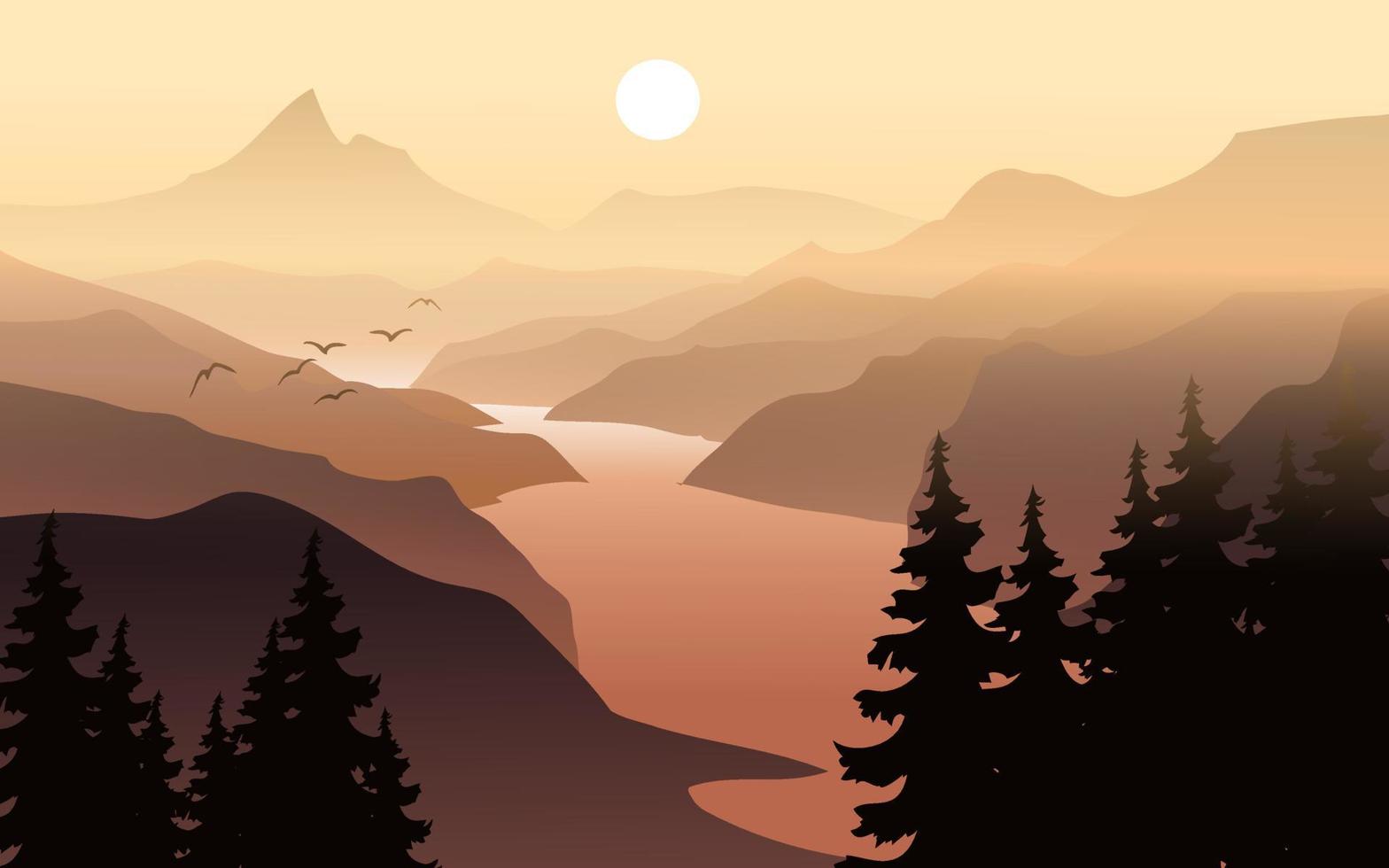 panorama du coucher de soleil brumeux avec montagne et rivière depuis le sommet de la colline vecteur