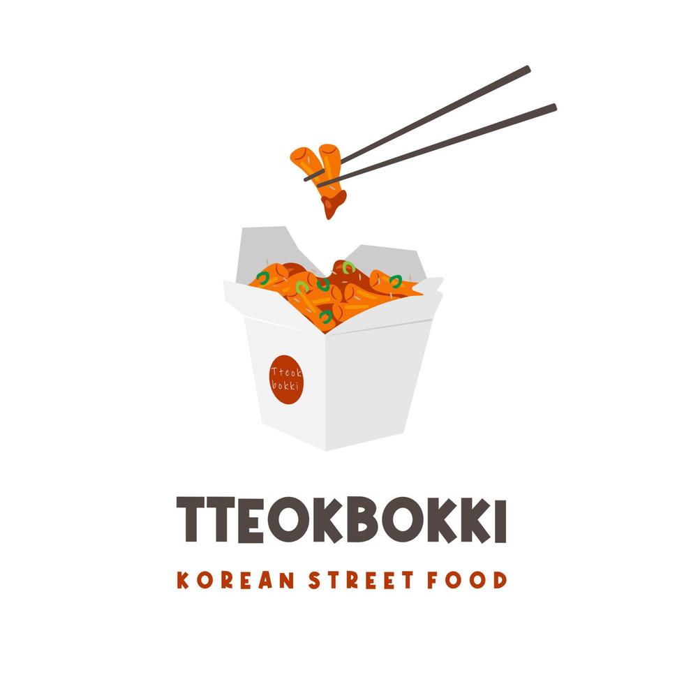 logo d'illustration tteokbokki de nourriture de rue coréenne servi sur le bord de la route avec emballage en papier vecteur