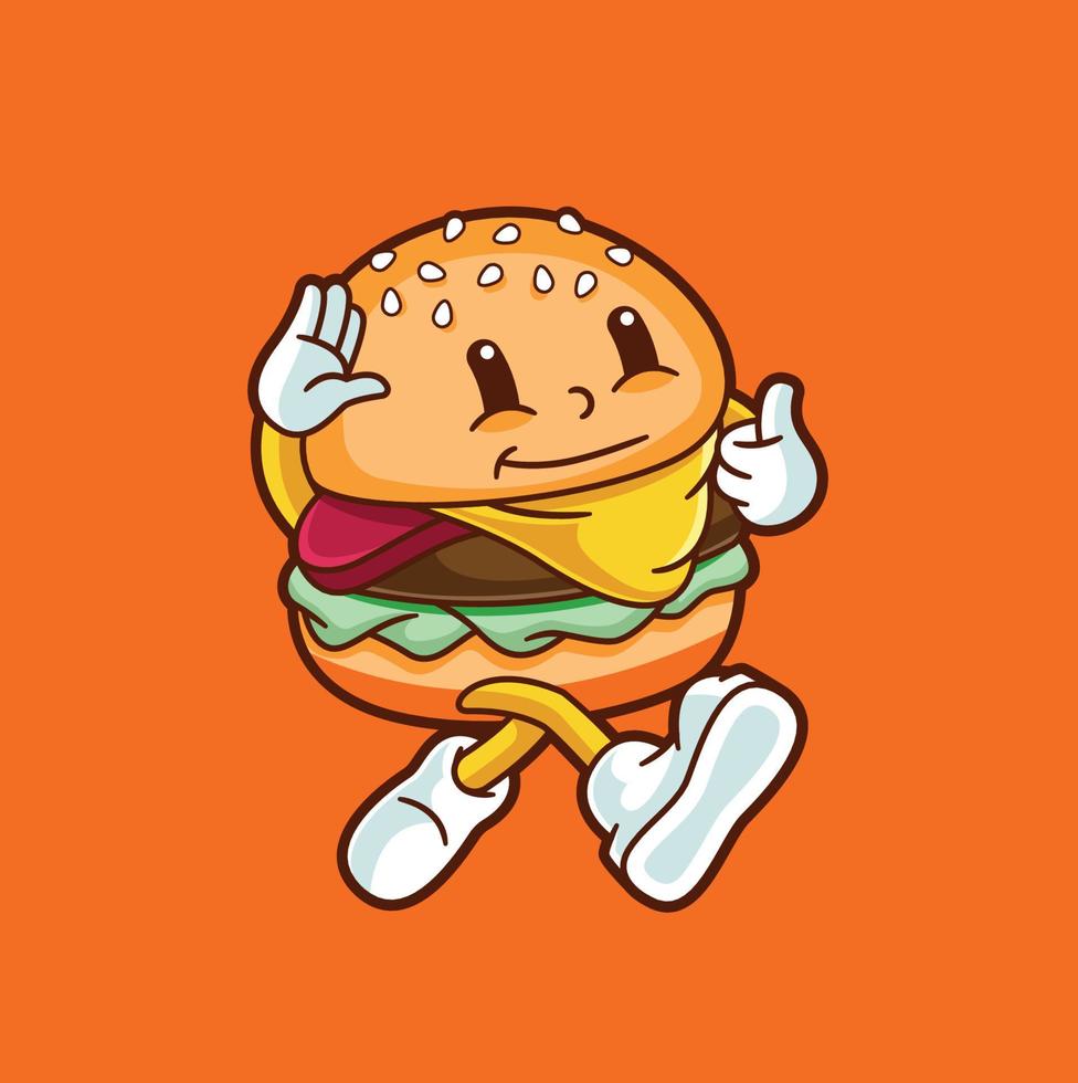 amusant adorable petit personnage de burger marchant vecteur