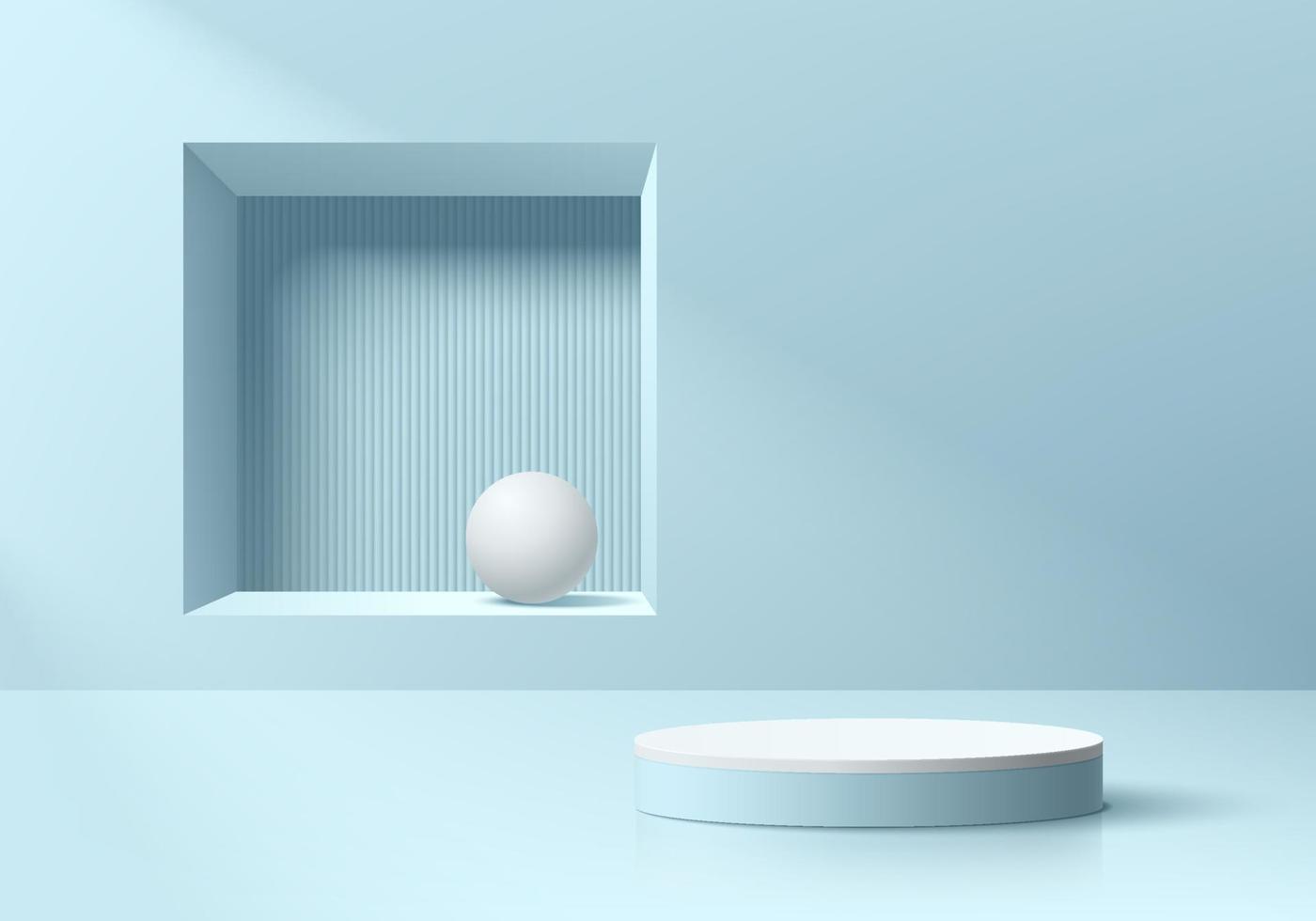 salle 3d abstraite, podium de piédestal de cylindre bleu et blanc réaliste avec ballon sur fond de fenêtre carrée. scène minimale pastel pour l'affichage du produit maquette. formes géométriques vectorielles. vitrine de scène. vecteur