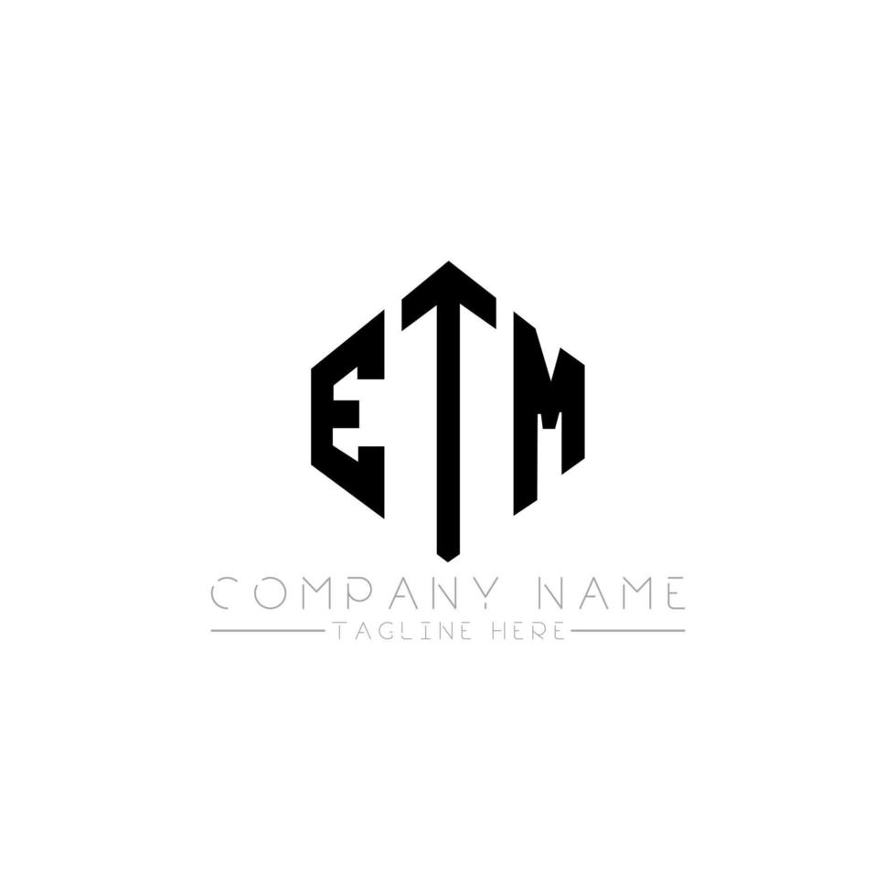 création de logo de lettre etm avec forme de polygone. création de logo en forme de polygone et de cube etm. modèle de logo vectoriel etm hexagone couleurs blanches et noires. monogramme etm, logo d'entreprise et immobilier.