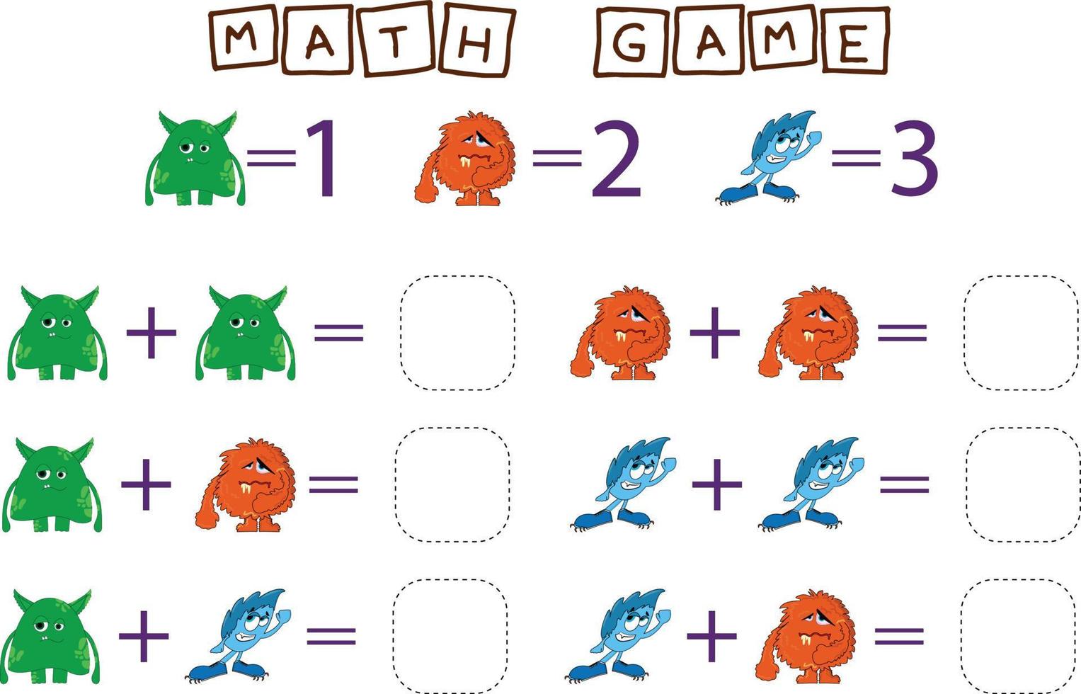 jeu de comptage avec des monstres. feuille de travail préscolaire, feuille d'activité pour enfants, feuille de travail imprimable vecteur