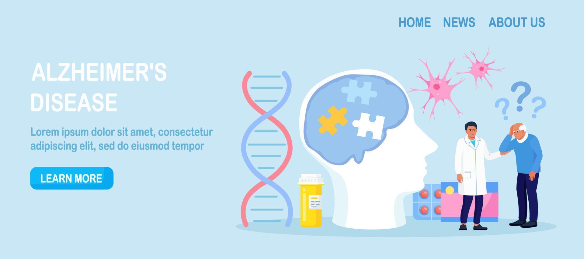 un patient âgé tient la tête et souffre de la maladie d'alzheimer, d'amnésie, reçoit une aide médicale. perte de mémoire, traitement des maladies cérébrales. maladie d'alzheimer, démence, adolescence. neurologie, thérapie mentale vecteur