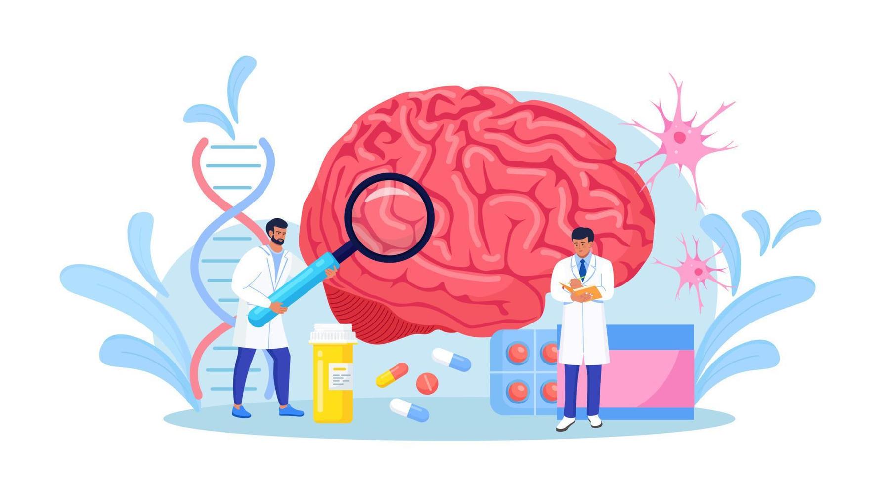 un scientifique étudie le cerveau humain et la psychologie. le personnage du médecin neurologue examine le traitement des pilules contrôlées par un organe énorme et un diagnostic. diagnostic des maladies neurologiques. traiter les maux de tête, la migraine. vecteur