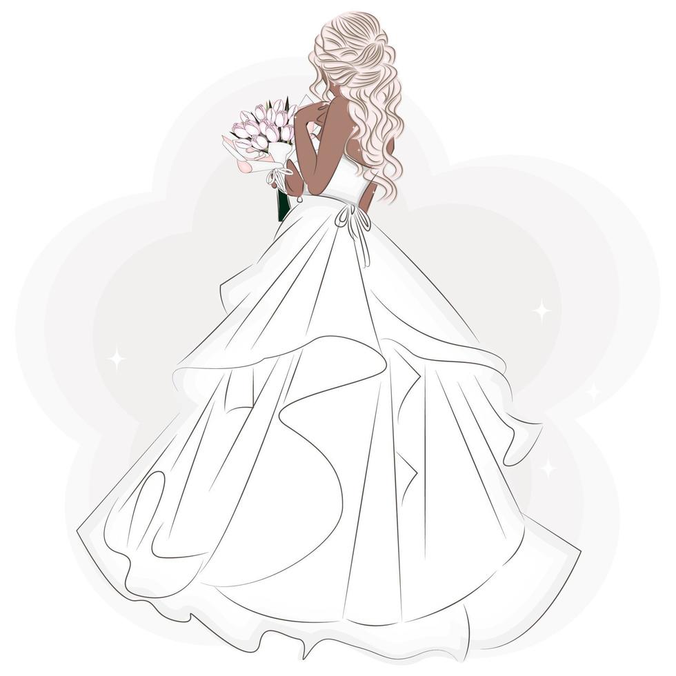 mariée à la mode en robe de mariée et avec un bouquet de tulipes, illustration vectorielle élégante, invitation, carte postale vecteur