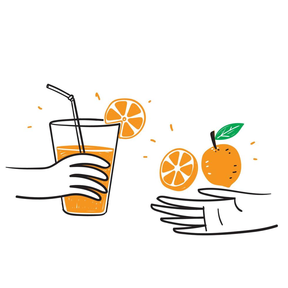 main dessinée doodle jus d'orange boisson illustration vecteur isolé