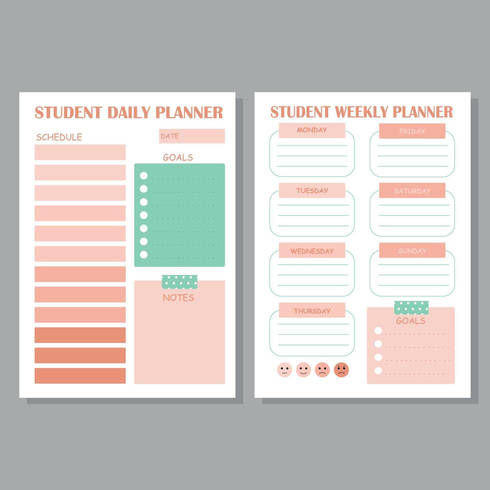 ensemble de planificateurs étudiants minimalistes. modèle de planificateur quotidien et hebdomadaire. conception avec des éléments roses et verts. vecteur
