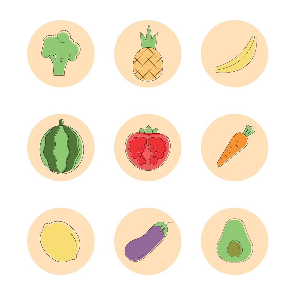 ensemble d'icônes de fruits et de légumes. illustration vectorielle vecteur