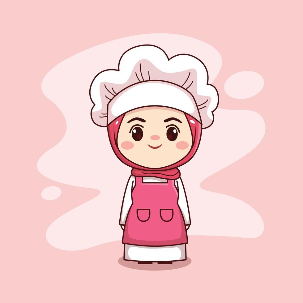 mignon et kawaii femme chef musulmane portant le hijab dessin animé manga chibi conception de personnages vectoriels vecteur