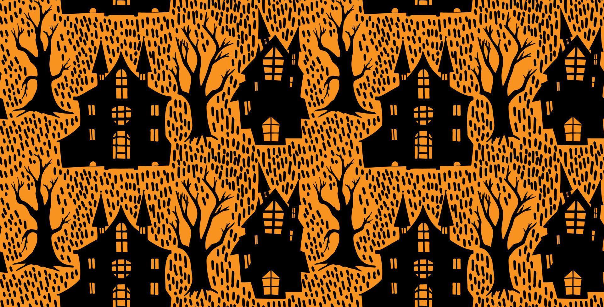 modèle sans couture d'halloween. paysage effrayant avec arbre et maison .eps vecteur
