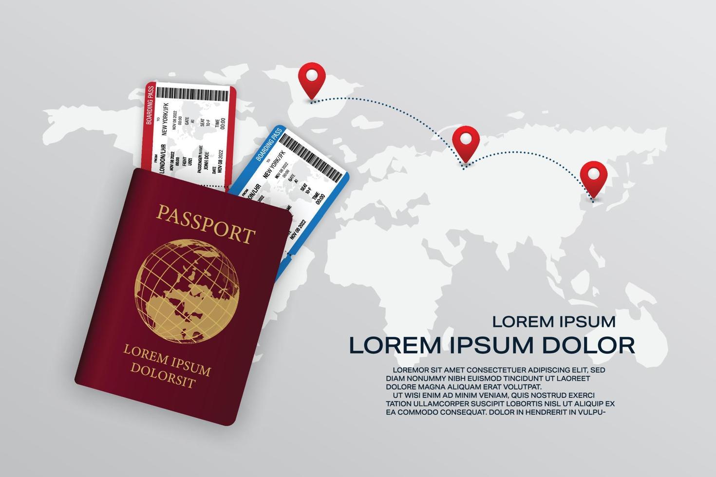 bannière de voyage de vecteur avec le monde. concept de vacances internationales de billets d'avion. billet d'avion et réservation de passeport.