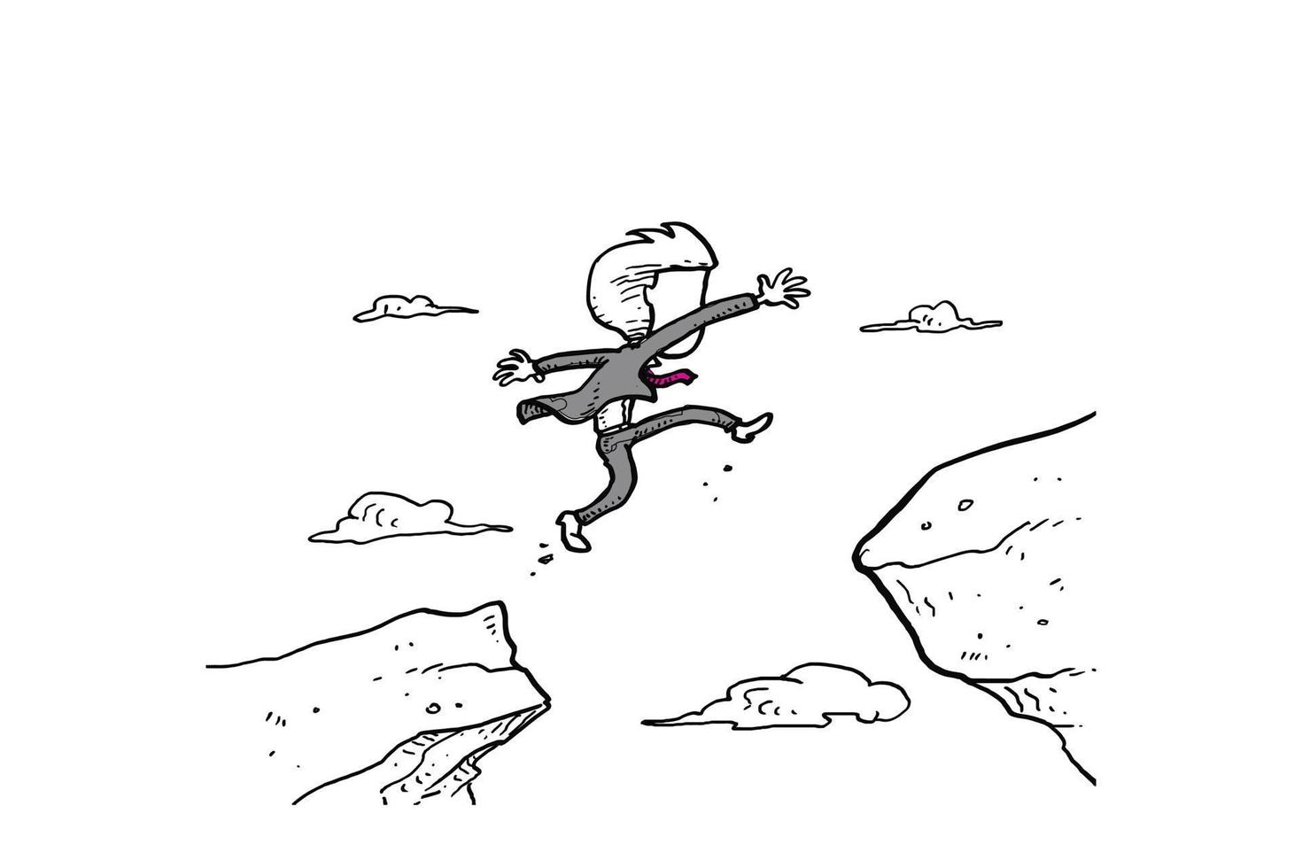 homme d'affaires saute à travers l'écart entre la colline. l'homme saute par-dessus la falaise. conception d'illustration vectorielle de personnage vecteur