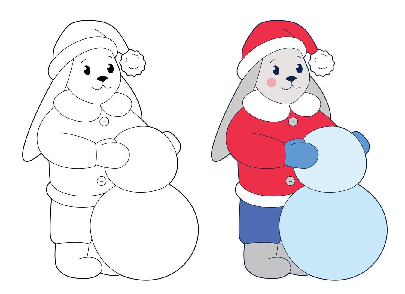 mignon petit lapin au chapeau rouge fait bonhomme de neige. élément de conception ou page de livre de coloriage pour enfants vecteur