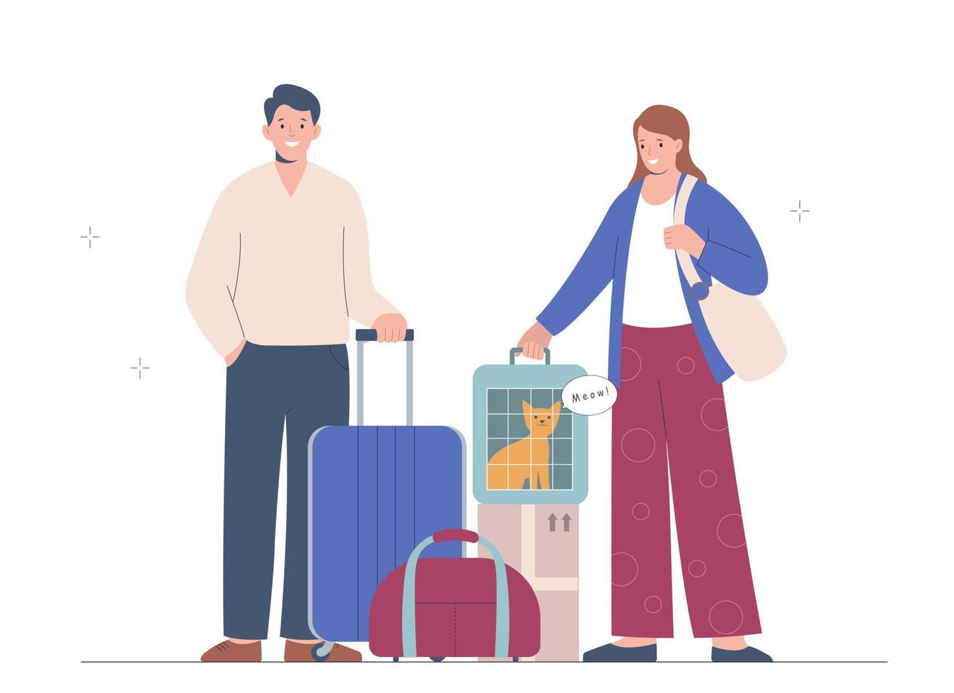 couple marié part en voyage ou déménage. une jeune femme tient un transporteur avec un chat, à côté d'elle se trouve un homme avec une valise. voyager avec des animaux de compagnie vecteur