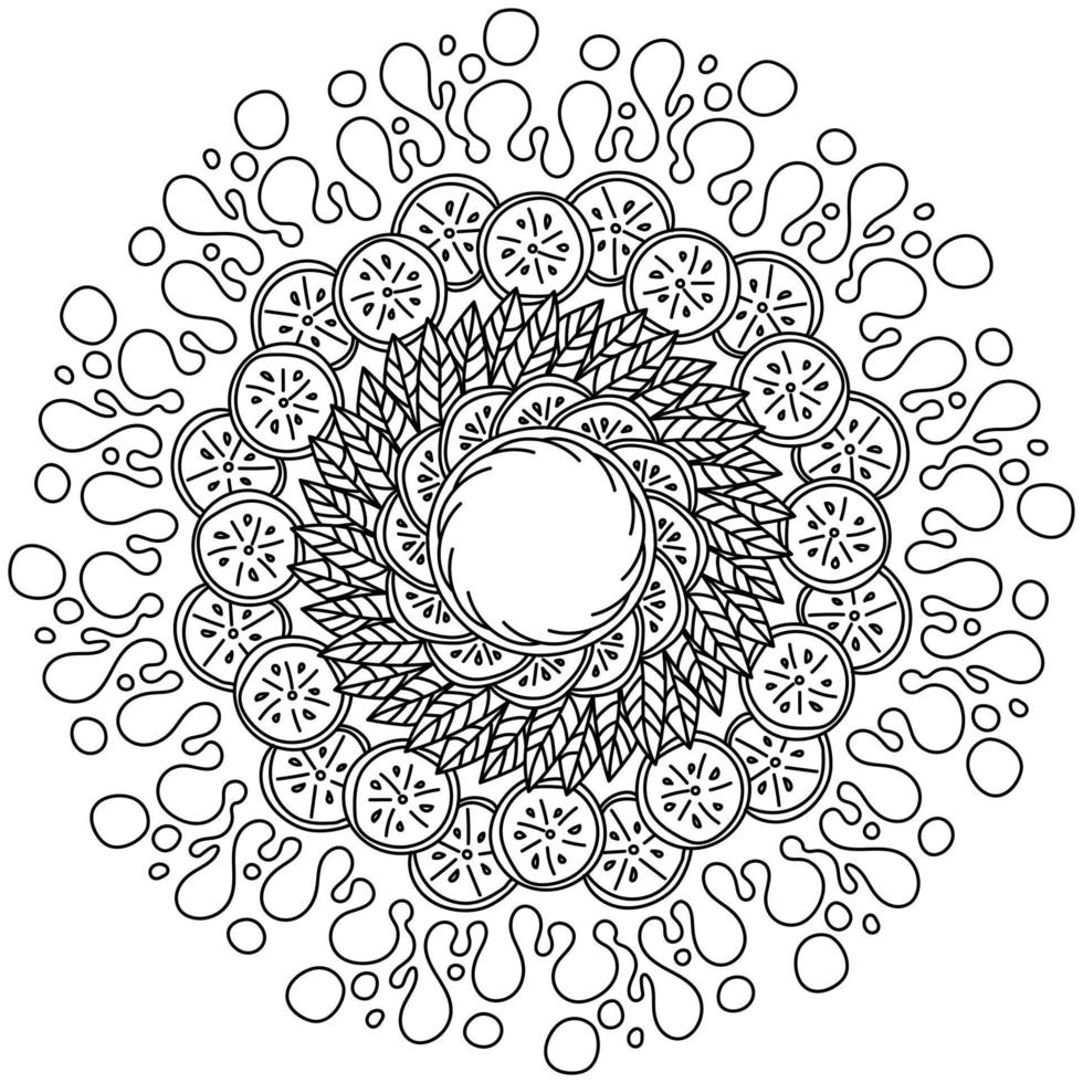 mandala créatif avec des tranches de citron, des bouquets de feuilles et des éclaboussures, page de coloriage zen anti-stress avec des agrumes juteux vecteur