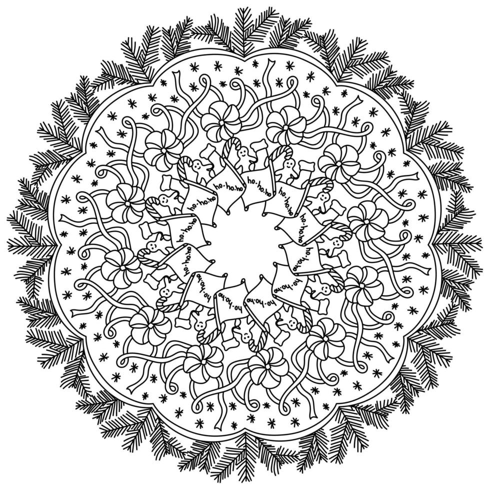 contour de vacances doodle mandala avec des attributs de noël, page de coloriage zen sur le thème de l'hiver vecteur